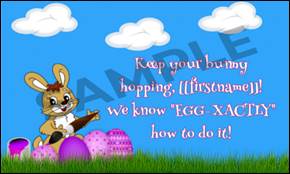 A cartoon bunny holding a bag of eggs

Description automatically generated