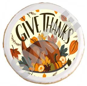 A round cookie with a thanksgiving turkey and text

Description automatically generated