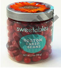 A jar of candy with a label

Description automatically generated