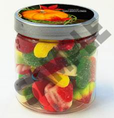 A jar of candy with a label

Description automatically generated