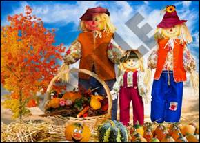 A group of scarecrows and pumpkins

Description automatically generated