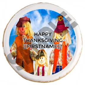 A round cookie with scarecrows on it

Description automatically generated