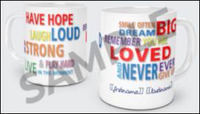 A couple of white mugs with colorful text

Description automatically generated