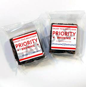 Brownies in plastic bags with red and white labels

Description automatically generated